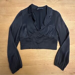 Zara Black Satin Cropped Blouse